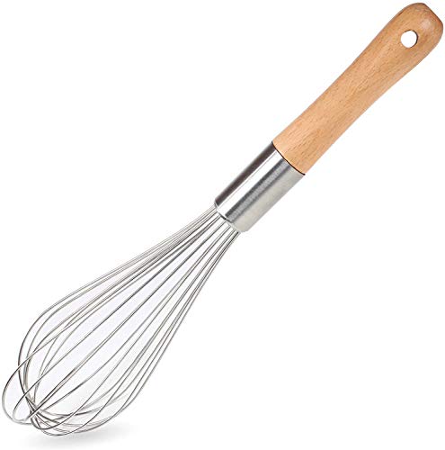 Classic Stainless Steel Wooden Handle Whisk 11-Inch | Perfect Whisking Size | Kitchen Whisk for Beating, Blending, Whisking, Stirring, Cooking, Egg, Flour | by Kitchen Delight