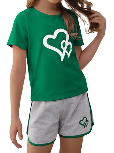 Image of Girls Summer Outfits Two Piece Graphic T Shirt and Shorts Sets Activewear Green Grey 7-8Y