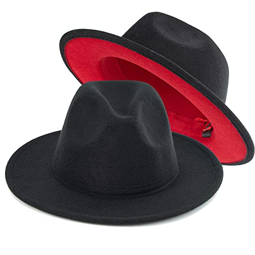 KorhLeoh Dos tonos Fieltro Fedora-Panama-Sombreros-para-Mujer-Hombre, Ala Ancha Negro & Leopardo Patchwork Fedora Jazz Cap, Parte inferior negra y roja, 6 7/8 / 7 1/8 Cover