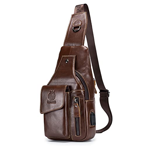 Nefli Bolso Pecho Hombre Bolso Pecho Cuero Vintage Bolsos Cruzados con Puertos USB para Ciclismo Senderismo Viaje Deporte al Aire Libre Café Cover