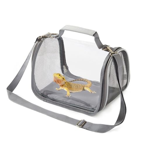 Reptile Small Animal Travel Carrier - Portable Ventilated Pet Carrier for Bearded Dragons, Lizards, Sugar Gliders, Hedgehogs, Rats, Birds, Guinea Pigs etc | Escape-Proof, Breathable Mesh (Grey)