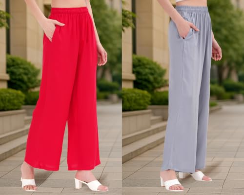 Image of Buy That Trendz Palazzo Pants for Women Rayon Elasticated Regular Fit Flared Wide Leg M to 6XL Pack of 2