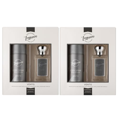 Designer Fragrances Ventus Male Twin Gift Set - Includes 2 x 150ml Body Spray Deodorant Cans, 2 x 50 ml Men’s Eau De Parfum Aftershave Sprays - For Instant Freshness on The Go - Long Lasting Smells