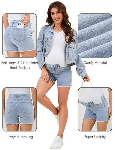 Image of PACBREEZE Women's Maternity Mid-Rise Stretch Denim Shorts Trendy Soft Frayed Hem Pregnancy Shorts, S-XXL (Light Blue, Medium)