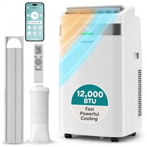 Image of SereneLife Portable AC Unit and Heater, Adjustable Temperature with 12,000 BTU Cooling & Heating, Smart Wi-Fi Control, Dehumidifier & Fan Modes, Portable AC Units for Rooms, Window Mount Kit, White