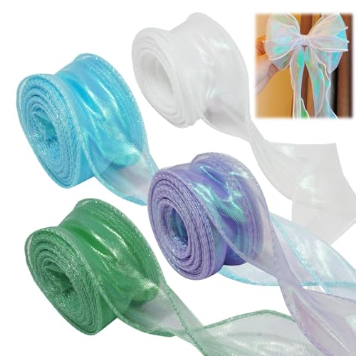 Schillerndes Organzaband 4PCS, 4cm x 9M Geschenkband, Schimmernd und Transparent Chiffonband Glänzend Schleifenband für Hochzeit DIY Verpackung Dekoration, Blumenstrauß (Weiß Blau Grün Lila)