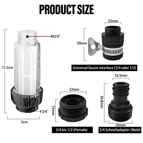 Wasserfilter Gartenschlauch, 2 Stück 3/4 Zoll Wasser Vorfilter Wasserfilter Set mit 4 Filtereinsatz & 5 Schnelladapter für Hochdruckreiniger, Gartenpumpe, Gartenbewässerung, Wohnmobil