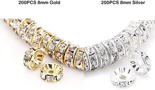400 Pcs 8mm Sparkling Crystal Spacer Beads, Gold/Silver Plated Rondelle Spacer Beads Crystal Rhinestone Loose Beads for Jewelry Bracelets Making Craft
