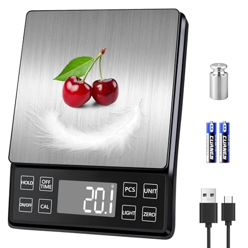 Digital Food Scale with 0.01oz/0.1g High Precision, Kitchen Scale 11lb/5kg Capacity, USB-C Rechargeable, LCD with Backlight, Stainless Steel Pan, Kitchen Scale for Cooking, Baking, Weight Loss