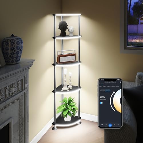 BYFUNBY Floor Lamp, Corner Standing Lamp with Shelves, Dimmable Light
