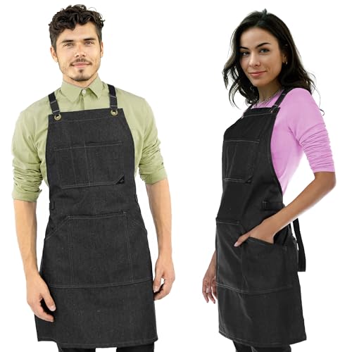 Under NY Sky Essential Black Denim Apron Cross-Back with Leather Reinforcement Adjustable for Men and Women Pro Chef, Tattoo Artist, Baker, Barista, Bartender, Server Aprons