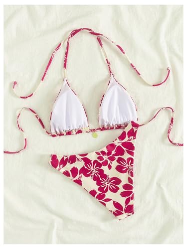 SOLY HUX Women's Boho Floral Print Halter Swimsuit Tie Back High Cut Bikini Set 2 Piece Bathing Suit2