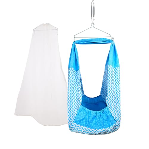 Image of beetot New Born Baby Swing Cradle (jhula) | Cradle Cloth with Removable Mattress Bed, Mosquito net, Spring and Triangle Hanger | Weight Capacity up to 20kg | Age from 0-12 Months (Sky Blue)