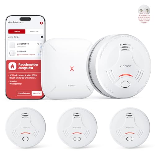 X-Sense Smart-Rauchmelder WLAN mit Magnethalterung, Rauchmelder vernetzt, App-Steuerung, mit Basisstation SBS50, funkvernetzter Feuermelder, SD11-MR31, 3 Stück