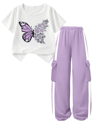 Image of Girls 2 Piece Outfit, Graphic Short Sleeve T-Shirt and Cargo Jogger Sweatpants Set, Ages 4-13