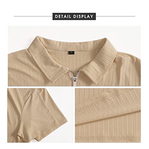 Alsogo Men's Short Sleeve Polo Shirts Zip Neck Muscle Shirt Sports Golf Tennis Workout Shirts Khaki L #TOP2