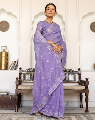 Image of SIRIL Women's Shimmer Chiffon Sequence Embroidery Saree With Unstitched Blouse Piece for Wedding and Parties