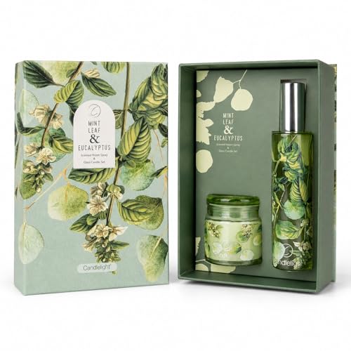 Image of Scented Candle & Room Spray Gift Set – Cool Mint Leaf, Eucalyptus & Fresh Herbal Fragrance | Glass Jar Candle with Matching Room Spray | Presented in Botanical Book-Style Box (Mint & Eucalyptus)