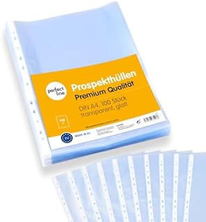 perfect line 100 Prospekt-Hüllen DIN-A4 glasklar, Premium Klar-Sicht-Folien extra stark (120 µ), farblos & transparent, Sammel-Taschen zum Schutz von Papier, Akten & Dokumenten im Ordner
