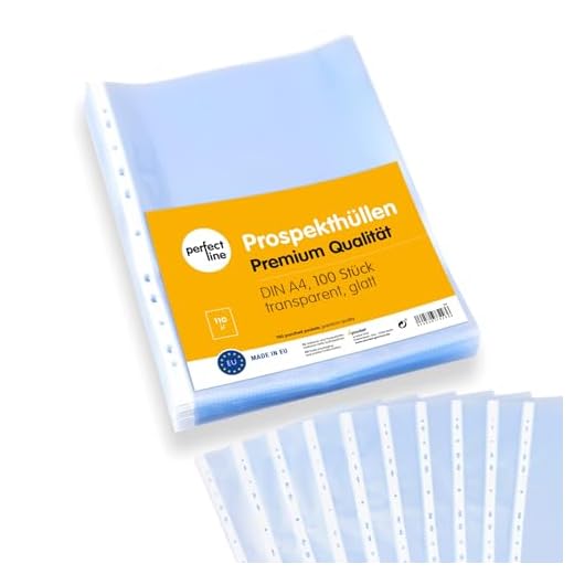perfect line 100 plastfickor A4 glasklara, extra starka (120 µ) plastfickor i hög kvalitet, färglösa och transparenta, samlingsfickor för att skydda papper och dokument i pärmen