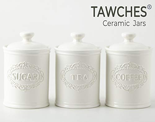 Canisters Sets for the Kitchen Airtight, White Kitchen Canisters set of 3 for Coffee Tea Sugar, Ceramic Canisters With Lids TAWCHES TC001(A White 3pcs)