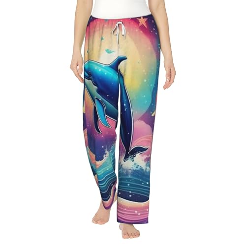 Pantalon de pyjama thermique pour femme motif ciel étoilé et dauphin ample pour hiver
