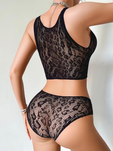 Image of Avidlove Womens Fishnet Lingerie Set Sexy Two Piece Lingeries Hollow Out Stripper Outfit Heart Print Mesh Crop Tops