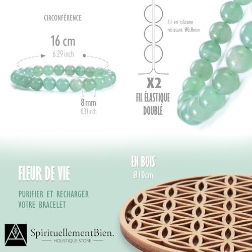 Spirituellementbien Bracelet pierre perles véritable de 8 mm AA + fleur de vie. Un véritable bijoux naturelle - idée cadeau de noel original lithotherapie (Aventurine) – vue 3