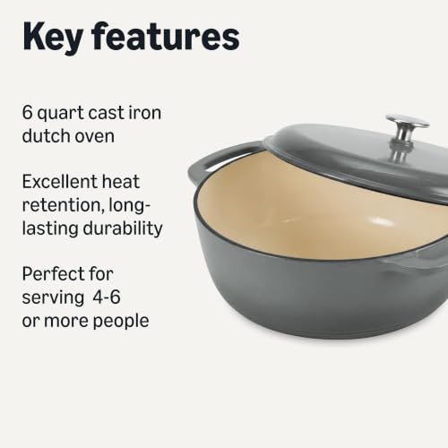 Image of Amazon Basics Enameled Cast Iron Dutch Oven Pot with Lid, Round, Dual Handles, Heavy-Duty, Oven Safe for Stews, Roasting, Baking,6-Quart, Gray