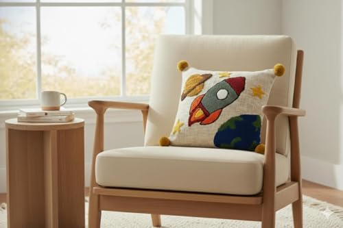 Image of Embroidered Kids Cushion Cover 16 x 16 Inches or 40x40 cms Cotton Fabric Space Theme Cushion Covers for Sofa Set /Diwan Beds, Space Rocket Planet Cartoon Throw Pillow, Set of 1 Pc