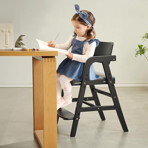 Image of Solid Wood High Chair for Toddlers to Teens, Adjustable Height Toddler Dining Chair, Easy to Clean Toddler Highchair with Removable Soft Cushion for Dining, Studying, Step Stool, Black