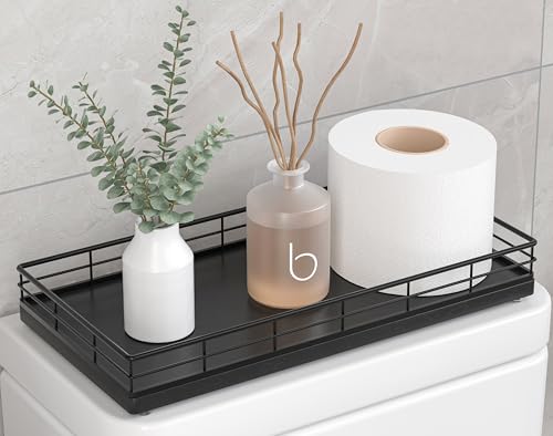 Toilet Paper Basket Organizer Oak Wood Toilet Tank Tray with Metal Frame Bathroom Counter Top Storage for Toilet Paper Wipes & Decor Modern Narrow Back of Tank Shelf Organizer Black