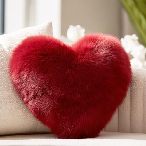 Wucidici Red Heart Pillow, Faux Fox Fur Heart...