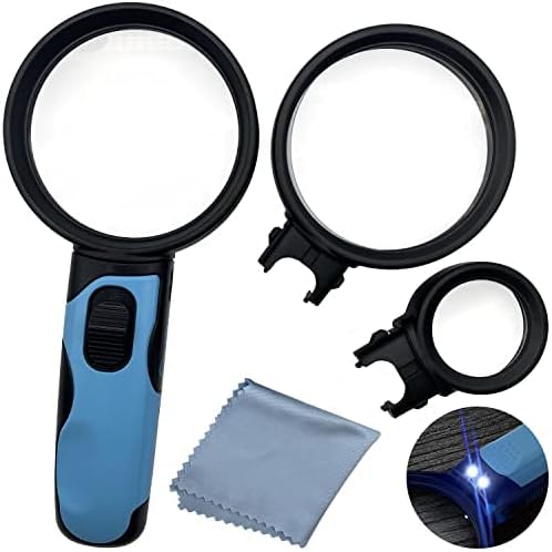MagniPros Magnifying Glass with Bright LED Lights-3 Easy Detachable Lenses-2.5X, 5X, 16X Ideal for Seniors, Maps, Macular Degeneration, Jewelry, Watch
