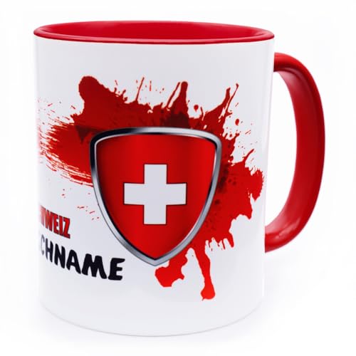 Schweiz Tasse mit Namen personalisiert Switzerland Wappen schweizerische Flagge Fahnen Fanartikel Produkte 2026 Spruch Getränke Becher Geschenk Mann Frau Geburtstag Fussball Produkte Keramik 330 ml