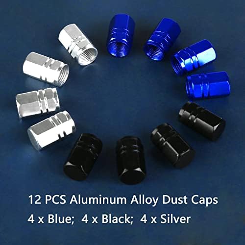 Zhenle 12PCS Wheel Tyre Dust Caps, Aluminum Tire Valve Stem Caps Hexagon Valve Covers Replacement for Cars, Bike, Motorcycles,Trucks(Blue & Black & Silver)