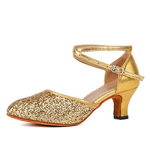 Swdzm T-DY225-M-GOLD-5-35 Glitter Women'S Latin Dance Shoes Closed Toe Sequins Ballroom Salsa Tango Party Practice Performance Dance Shoes,225,Gold,Heel 2,Suede Sole,Us 6 cover