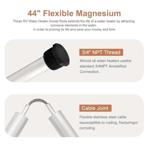 Powswopx Flexible Water Heater Magnesium Anode Rod 3/4\" NPT Thread for Rheem GE, Rheem, Reliance, Richmond, Kenmore with 1-1/16\" Hex Socket Tool and Teflon Tape (44 inch Flexible) - Thumbnail 3