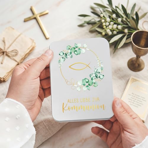 COMOOKA Alles Liebe zur Kommunion Geldgeschenk, Erinnerungsbox 115x85x22mm Kleine Metalldose mit Deckel Erstkommunion Geschenk mit Eukalyptus und Fisch Geldgeschenke Verpackung