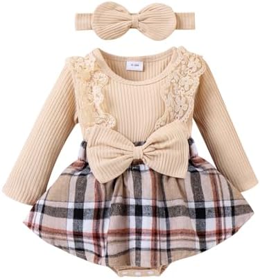 KAFIREN Infant Girls Clothes 0-3 Months Fall Winter Outfit Plaid Romper Long Sleeve Dress Lace Ruffles Bodysuit with Bow Headband (Beige, 0-3 Months)