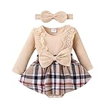 KAFIREN Infant Girls Clothes 0-3 Months Fall Winter Outfit Plaid Romper Long Sleeve Dress Lace Ruffles Bodysuit with Bow Headband (Beige, 0-3 Months)