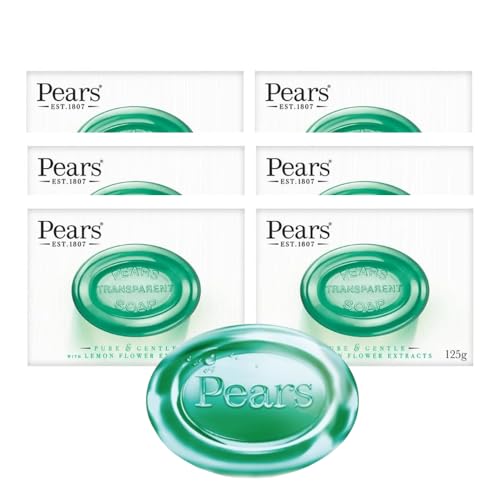Pear Transparent Green Soap Bar 125g 6xPack- Pure & Gentle Glycerin-Based Soap with Natural Oils- Iconic Herbal Fragrance- Mild & Moisturising Cleanser for Face and Body- Ideal for Sensitive Skin