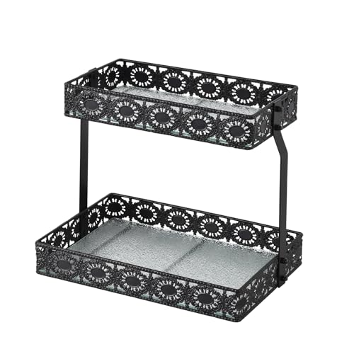 xiaojuande-Two Layer Glass Storage Tray with Portable Dressing Table Skin Care Product Organization Rack Corner Storage Rack for Bathroom Counter High-end Light Luxury Display Plate - Gold (Gold)