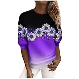 Damenmode Casual Langarm Druck Rundhals Pullover Sweatshirts Top Bluse Damen Schwarz Tops #122-T, violett, 42