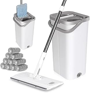 MASTERTOP Flat Mop and Bucket Set, Microfibre Floor Mop with 10 Reusable Mop Pads & Stainless Steel Handle, Hands Free Squeeze Mop and Bucket System for Tiled, Marble, Hardwood