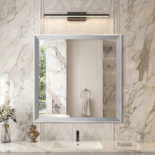 Image of DESBING 30 inchx30 inch Silver Bathroom Mirrors for Over Sink, Tempered Glass, Metal Frame, Rectangle Vanity Wall Mirror for Bathroom, Living Room, Bedroom, Horizontally or Vertically