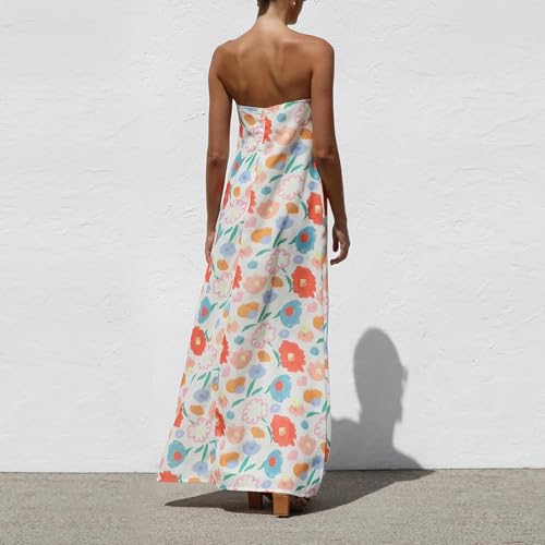 Image of Women Y2k Strapless Maxi Dress Summer Backless Floral Long Tube Dress Off Shoulder Cocktail Party Dress