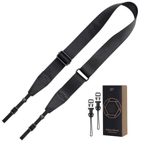 Image of Padwa Lifestyle Black Adjustable Camera Strap - 1.5 inch Top Layer Cowhide Head Camera Straps for Photographers, Nylon Adjustable Neck Shoulder & Crossbody Strap Quick Release for All Cameras