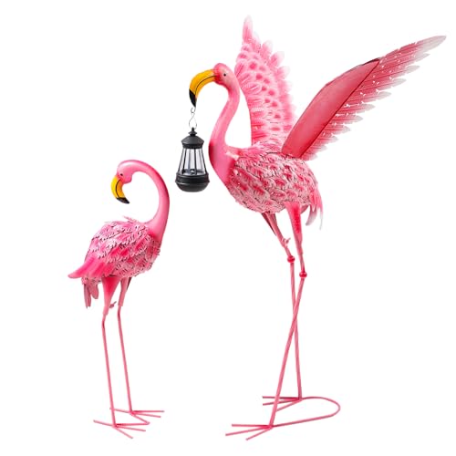QNGCOLRCY Garden Statues Flamingo Sculptures Metal Yard Art, Pink Bird Art Outdoor Backyard Decor Patio Lawn Porch Ornament Flamingo Yard Decoration (Sun and Moon)