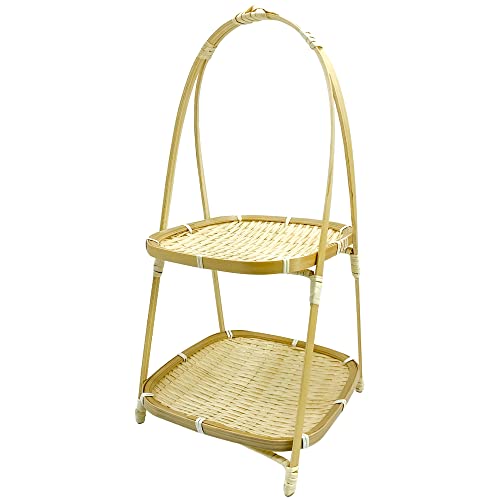 PANWA Traditionelles thailändisches Serviertablett für Geschäfte und Cafés für Brot, Obst, Kuchen und Desserts, handgefertigt, mit 2 großen Tabletts, 17,1 cm oben und ca. 19,1 cm unten Cover